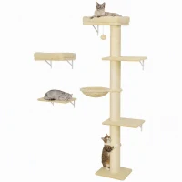 PawHut Cat Wall Shelves, 3-in-1 Cat Wall Furniture Set with Scratching Post for Indoor Kittens Climbing Sleeping, Beige(m-11)