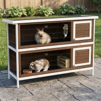 PawHut Wooden Rabbit Hutch w/ Dividers Asphalt Roof for Small Animals & Outdoors, Brown(m-10)