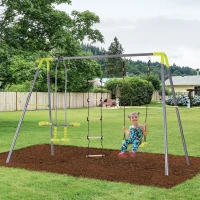 HOMCOM 3 in 1 Kids Metal Swing Set for Backyard with Swing Seat, Glider and Climbing Ladder, Heavy Duty Metal Frame for 4 Children(m-10)