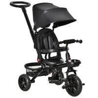 Qaba Kids Tricycle, 5 in 1 Foldable Trike with Reversible Seat, Adjustable Parent Handle, Safety Harness, Wheel Brakes, Removable Canopy, Storage, Tricycle for Toddlers 1-5 Years, Black(m-1)