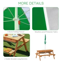 Outsunny Kids 3 in 1 Sand and Water Table, Wooden Outdoor Convertible Picnic Table with Umbrella and Storage Inside, Bench Backyard Furniture for Garden, Patio, or Balcony(m-7)