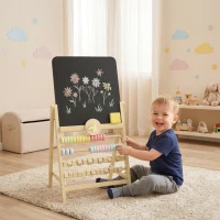 Qaba Wooden Kids Art Easel with Double-Sided Chalkboard, Clock, Abacus, Blackboard Eraser for Painting, for Ages 2+, Natural(m-8)