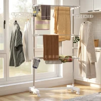 HOMCOM 3-Tier Foldable Clothes Drying Rack, Stainless Steel Laundry Rack with 2 Side Wings and 6 Castors, Collapsible Adjustable Clothes Airer for Indoor Outdoor, White(m-1)