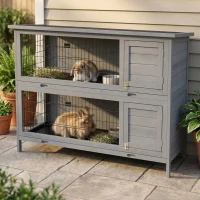 PawHut 54" 2-Story Large Rabbit Hutch Bunny Cage Wooden Pet House Small Animal Habitat Lockable Doors, Tray, Roof, Gray(m-10)
