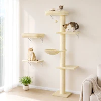 PawHut Cat Wall Shelves, 3-in-1 Cat Wall Furniture Set with Scratching Post for Indoor Kittens Climbing Sleeping, Beige(m-2)