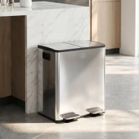 HOMCOM Trash Can, 2 x 5 Gallon Stainless Steel Garbage Can with Soft Close, Stay-Open Lid, Pedals, Inner Buckets, Silver(m-2)