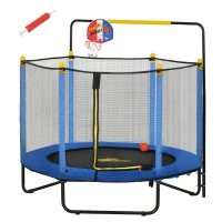Qaba Kids Trampoline with Net, Basketball Hoop, Horizontal Bar Indoor, Blue(m-11)
