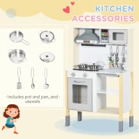 Qaba Wooden Play Kitchen with Realistic Lights and Sounds, Height-Adjustable Kids Kitchen Playset with Microwave, Range Hood, Cooking Accessories, Gift for 3-6 Years Old, White(m-8)