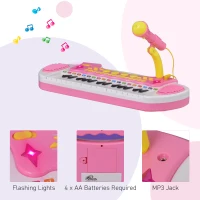 Qaba Kids Toy Keyboard Piano Toddler Electronic Instrument with Stool, Microphone and Bright Flashlight for Children Birth Gift, Pink(m-7)