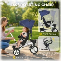 Qaba 6 in 1 Toddler Tricycle with Parent Push Handle, Canopy, Storage Baskets, Cupholder, Dark Blue(m-6)