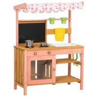 Qaba Kids Mud Kitchen with Canopy, Outdoor Wooden Play Kitchen with Planter Box, Accessories for Age 3-6, Pink(m-1)