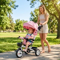 Qaba 6 in 1 Toddler Tricycle with Parent Push Handle, Canopy, Storage Baskets, Cupholder, Pink(m-1)