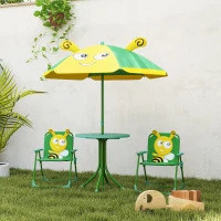 Qaba Kids Picnic Table and Chair Set, Outdoor Activity Table with Foldable Chairs, Height Adjustable Umbrella, Green(m-9)