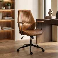 HOMCOM Leather Home Office Desk Chair, Vintage Computer Chair with Padded Arms, 360° Swivel, Adjustable Height, Tilt, Brown(m-9)