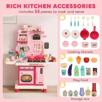 Qaba Kids Kitchen Playset, Play Kitchen with Lights, Sounds, Circulating Water Sink, Storage, 33 PCS for 3-6 Years, Pink(m-4)