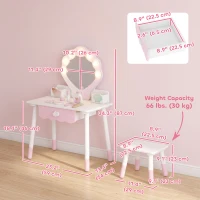 Qaba Kids Vanity Set, Makeup Vanity Table with Lights, Mirror, Stool, 7Pcs Accessories, Pretend Play Set for 3-8 Years, Pink(m-3)