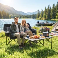 Outsunny Heated Double Camping Chair, Oversized Folding Padded Camp Loveseat Couch with 3 Heat Levels and 4 Heating Zones(m-8)