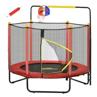 Qaba Kids Trampoline with Net, Basketball Hoop, Horizontal Bar Indoor, Red(m-1)