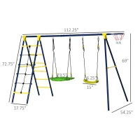 Outsunny Kids Metal Swing Set for Backyard, Outdoor Play Equipment, with Saucer Swing Adjustable Swing Seat, Basket Hoop, Climb Ladder, Net, A-Frame Metal Stand, for 3-10 Years Old, Green(m-3)