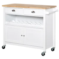 HOMCOM Rolling Kitchen Island Cart, Trolley Cart with Wine Rack, Rubberwood Top, Drawer and Hook, White(m-16)