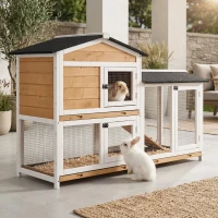 PawHut 62" Rabbit Hutch, Wooden Bunny Hutch, Guinea Pig Cage, Small Animal Enclosure with Run Area, Removable Tray, Asphalt Roof, Lockable Doors and Ramp, for Rabbits, Chickens, Ducks, Nature Wood(m-9)