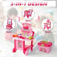 Qaba Pretend Play Kitchen Playset Chef Role Play Game 3-in-1 Design Suitcase Cart with 42 Pcs Accessories for Girls and Boys 3 to 6 Years Old Pink(m-4)