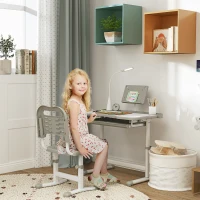 Qaba Kids Desk and Chair Set Height Adjustable Student Writing Desk Children School Study Table with Tilt Desktop, Grey(m-1)
