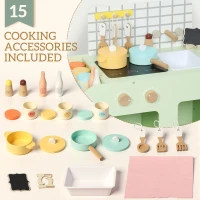 Qaba Kids Kitchen Playset with 15 Accessories, Microwave Oven, Cabinets, for Boys and Girls Ages 3+, Green(m-6)