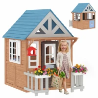 Qaba Wooden Kids Playhouse with Pet Door, Play Kitchen, Mailbox, Doorbell, Birdhouse, Fence and Windows for Pretend Play(m-11)