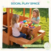 Qaba Wooden Playhouse Playhouse for Kids with Table, Benches, Sink Table, Windows, Flowerpot Holders, for Ages 3-8, Brown(m-5)