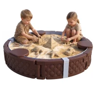 Qaba 47" Round Kids Sandbox with Cover, 3 Seats, Waterproof Bottom Liner, for Backyard, Lawn, Garden, Beach, Patio, Brown(m-11)