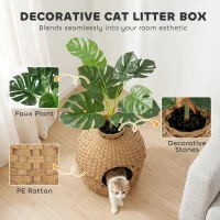 PawHut Hidden Cat Litter Box Enclosure with Faux Plant & Stainless Steel Tray for Bedroom, Living Room, Corner(m-5)