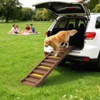 PawHut Foldable Dog Car Ramp, Dog Ramp with Anti-Slip Steps, Pet Stairs for Senior Pets to Access Cars and High Beds, Brown(m-8)
