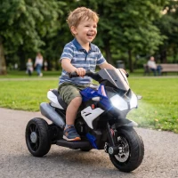 Qaba Kids Electric Motorcycle Ride-On Toy with 3 Wheels, Music, Horn, Lights, Blue(m-1)