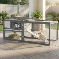 PawHut Large Rabbit Cage Outdoor 61"L Guinea Pig Hutch w/ Run Feeding Trough Removable Tray Ramp Asphalt Roof, White(m-10)