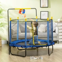 Qaba Kids Trampoline with Net, Basketball Hoop, Horizontal Bar Indoor, Blue(m-2)
