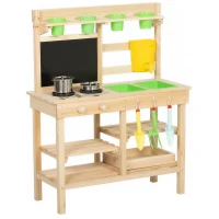 Qaba Kids Mud Kitchen, Outdoor Wooden Play Kitchen with Kitchenware & Garden Tools, Pretend Play Outdoor Toys, Natural(m-1)