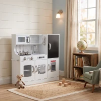 Qaba Pretend Play Kitchen, Kids Kitchen Playset with Play Phone, Chalkboard, Towel Rack & Ice Maker for 3-8 Years White(m-9)
