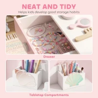 Qaba Kids Vanity Set, Makeup Vanity Table with Lights, Mirror, Stool, 7Pcs Accessories, Pretend Play Set for 3-8 Years, Pink(m-6)
