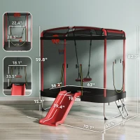 Qaba 4 x 6FT Trampoline for Kids Indoor & Outdoor with Slide, Swing, Basketball Hoop and Safety Enclosure, Red(m-3)
