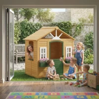 Qaba Outdoor Playhouse, Wooden Kids Playhouse with Door, 3 Windows, 2 Flower Boxes for Garden, Indoor Playroom, Ages 3–8(m-10)
