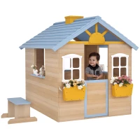 Outsunny Wooden Playhouse for Kids Outdoor Garden with Working Door, Windows, Bench, Service Station, Flowers Pot Holder, Blue(m-11)