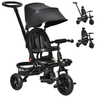 Qaba Tricycle for Toddler 5 in 1 Kids Trike, Foldable Converts Stroller to Toddler Bike, Adjustable Backrest & Curved Canopy, Detachable Guardrail & Handle for 1-5 Years Old, Black(m-2)