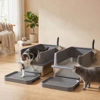 PawHut 2 Pack XL Stainless Steel Litter Box, Metal Cat Litter Box High Sided with Tracking Step & Stainless Steel Scoops(m-8)