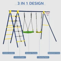 Outsunny Kids Metal Swing Set for Backyard, Outdoor Play Equipment, with Saucer Swing Adjustable Swing Seat, Basket Hoop, Climb Ladder, Net, A-Frame Metal Stand, for 3-10 Years Old, Green(m-5)
