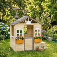 Outsunny Outdoor Playhouse, Wooden Kids Playhouse with Working Door, Windows, Bench, Service Station, Flower Pot Holder, Cottage Play House for 3-7 Years Old Pretend Play, Natural(m-10)