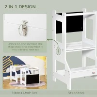 Qaba 2-in-1 Kids Kitchen Helper Step Stool, Detachable Toddler Table and Chair Set, Children Standing Tower for Kitchen Counter with Safety Rail Chalkboard, White(m-4)