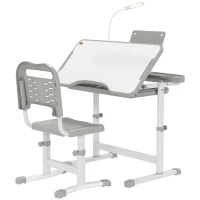 Qaba Kids Desk and Chair Set Height Adjustable Student Writing Desk Children School Study Table with Tilt Desktop, Grey(m-2)