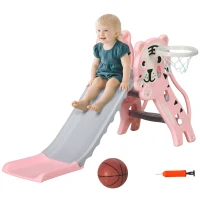 Qaba 3 in 1 Slide for Toddlers, Kids Slide Playset with Basketball Hoop, Climber, for 18-36 Months, Pink(m-9)