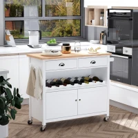 HOMCOM Rolling Kitchen Island Cart, Trolley Cart with Wine Rack, Rubberwood Top, Drawer and Hook, White(m-3)